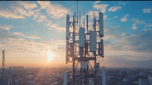 4G and 5G cellular telecommunication tower. Telecommunication equipment for a 5G radio network with radio modules and smart antennas installed. 