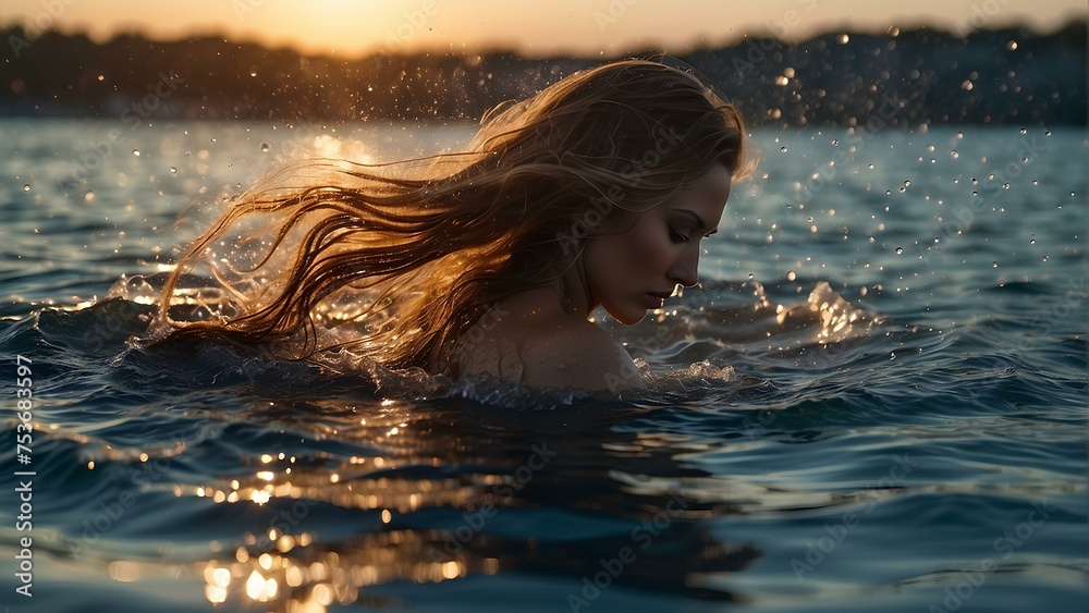 Sunset Beach Serenity: Woman's Portrait on Water with Motion Shots