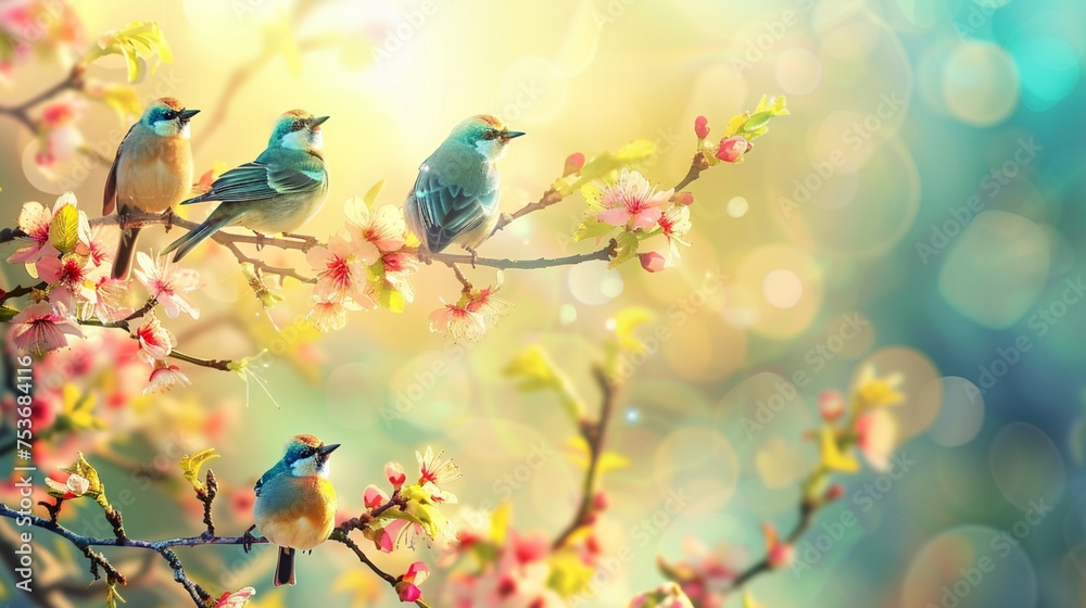 Fototapeta premium Colorful birds on cherry blossom branch, birds perched in spring bloom, vibrant birds enjoying cherry blossoms ,Flock of birds are singing happily on the branches of a tree 