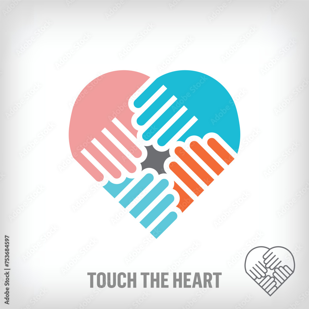 Creative heart shaking hands logo. Uniquely designed color transitions. Health and family together logo template moving towards the top. vector. Creative heart shaking hands logo. Uniquely designed color transitions. Health and family together logo template moving towards the top. vector.