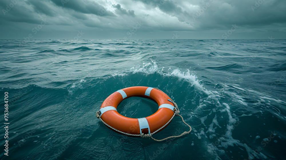 The orange lifebuoy floats on the open sea, Concept of Safety and Hope, space for text