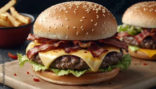 Realistic big juicy burger with bacon and melted cheese cinematic 8k