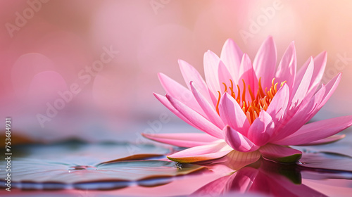 Pink lotus flower or water lily in lake. concept background, space for text
