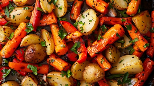 Herb-infused roasted vegetable medley with carrots, potatoes, and bell peppers