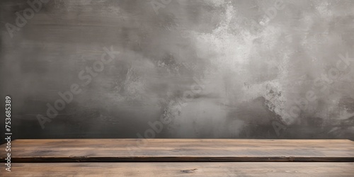 Old gray concrete plaster background with an empty dark wooden table.