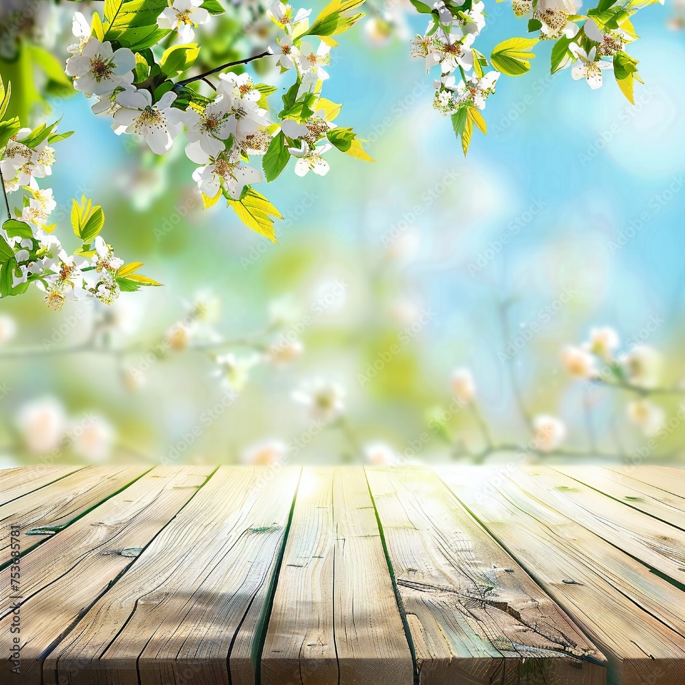 Beautiful spring background with wooden floor Generative Ai Beautiful spring background with wooden floor Generative Ai