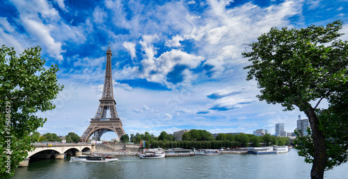 Paris famous landmarks. Eiffel Tower iwith green tree over river, Paris France, web banner panorama