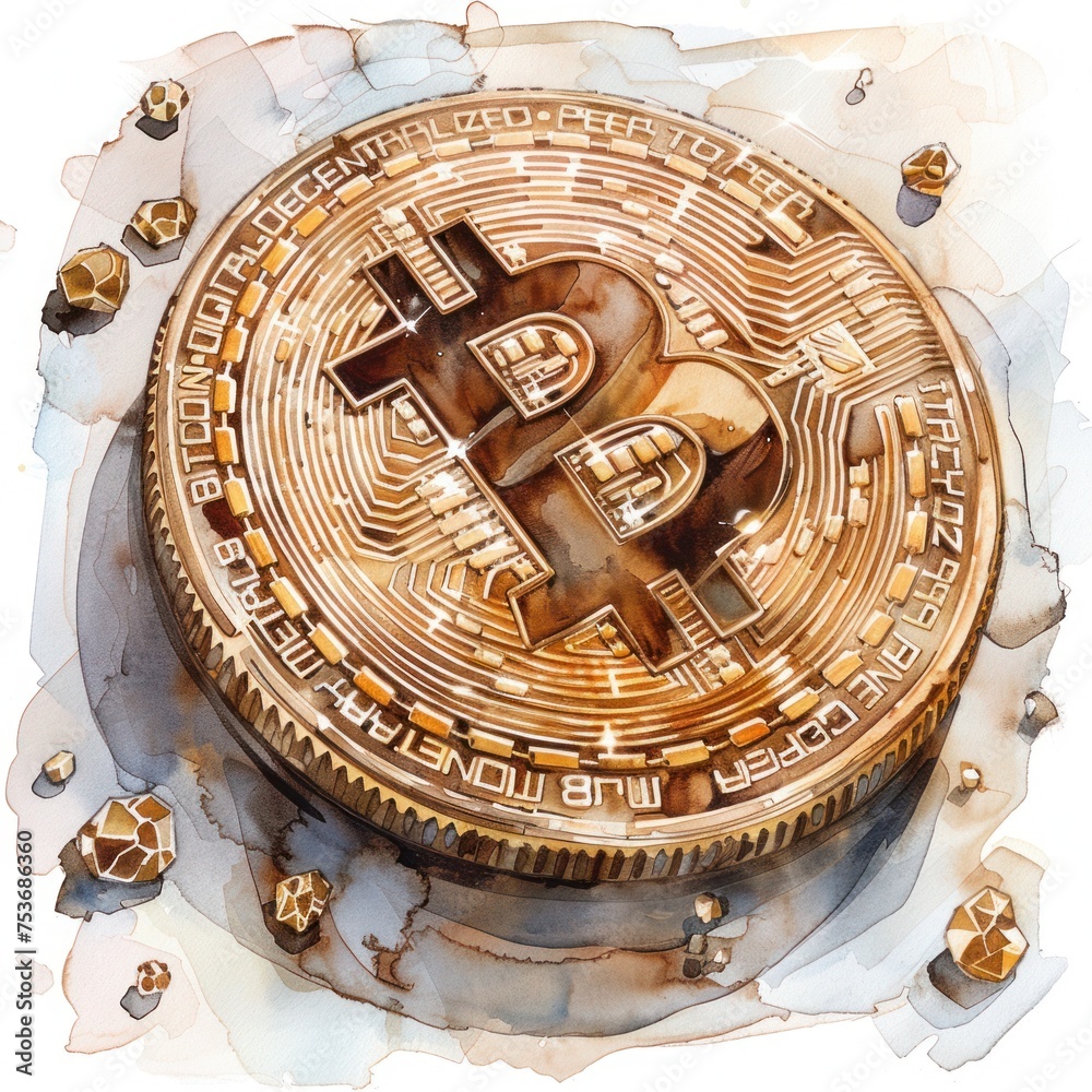 Watercolor clipart of a Bitcoin depicted as a treasure