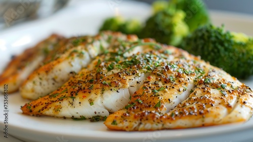 Herb-crusted baked tilapia fillets with a side of steamed broccoli
