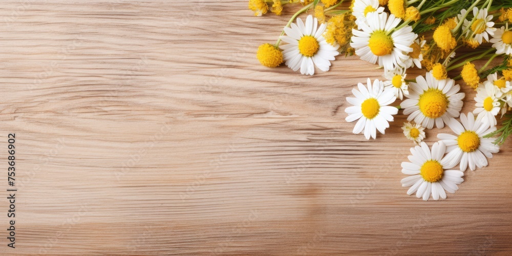 Obraz premium Chamomile flowers on wooden table. Soothing herbal tea. Flat layout. Space for text. Medical prevention. Alternative medicine.