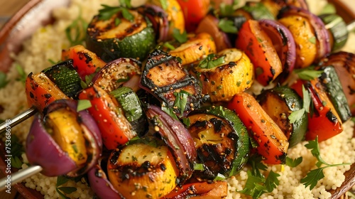 Herb and citrus-marinated grilled vegetable kebabs served over couscous