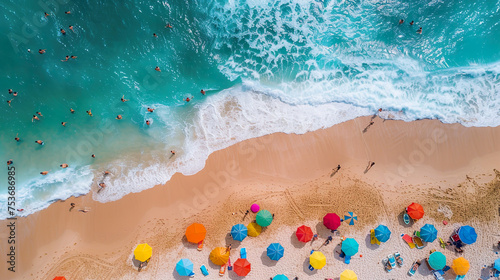 Colorful Beach Umbrellas and Swimmers from Above