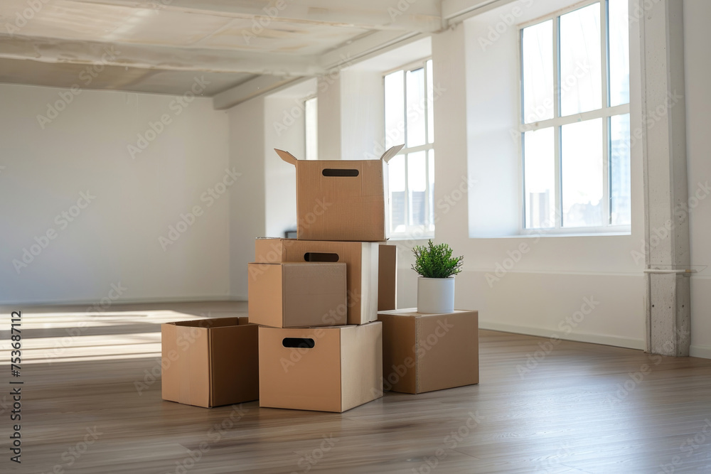 A stack of cardboard boxes and a potted plant are in a room A stack of cardboard boxes and a potted plant are in a room