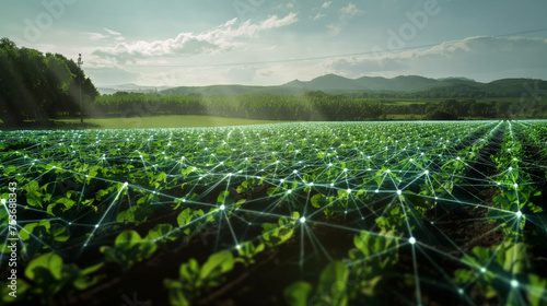 Smart Farming Technology in Agriculture Field. An agriculture field with crops connected by a network of glowing points, depicting smart farming technology.