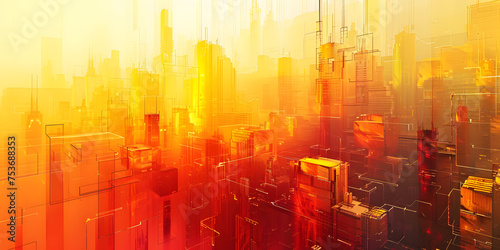 An amber and orange palette of tints and shades paint an aerial view of a city ablaze at sunset, an artful display of heat in a natural landscape event