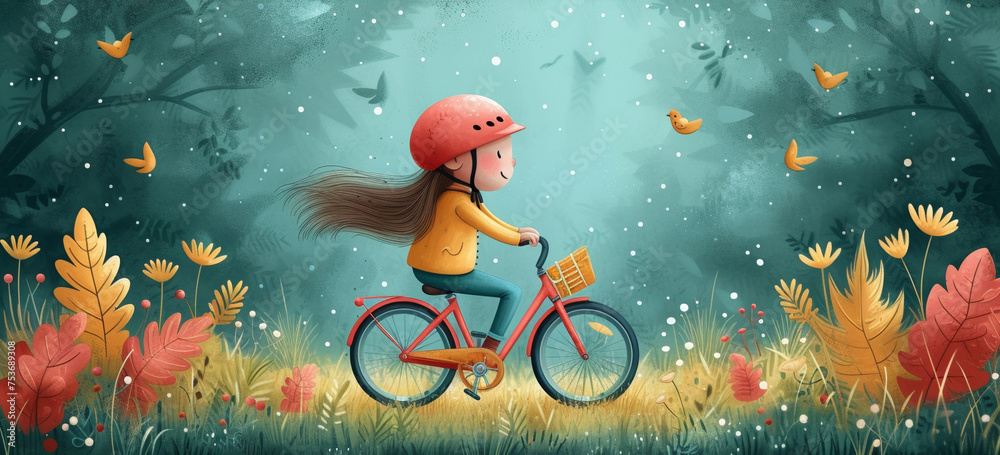 A joyful girl and her bicycle in a romantic woodland, celebrating a happy, active lifestyle.
