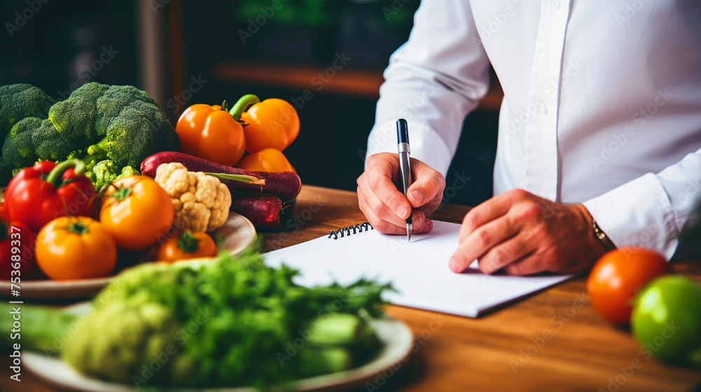 Nutritionist writing on paper with fruits on table - ai generative Nutritionist writing on paper with fruits on table - ai generative