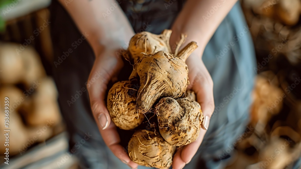 handful of maca root, packed with vitamins, minerals, and adaptogens - obrazy, fototapety, plakaty 