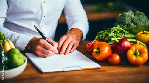 Nutritionist writing on paper with fruits on table - ai generative