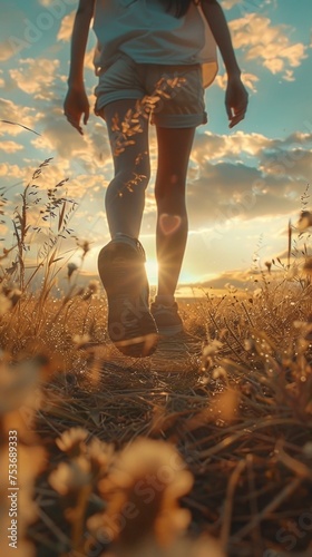 Create a captivating outdoor photography scene featuring a girl walking with her feet on the ground  © YamunaART