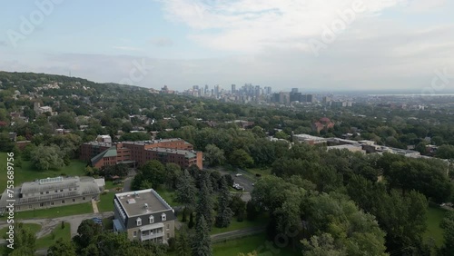Aerial view of downtown Montreal over Westmount and Mont-Royal mountain during summer