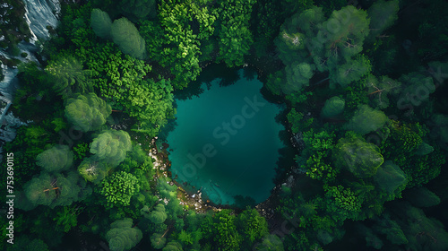 Drone photography top View Photo of Lake surrounded by Trees AI Image Generative