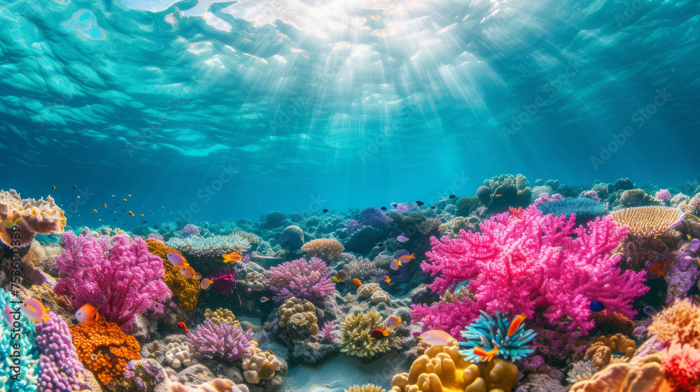Vibrant underwater seascape with corals and marine life basking in sunlight - obrazy, fototapety, plakaty 