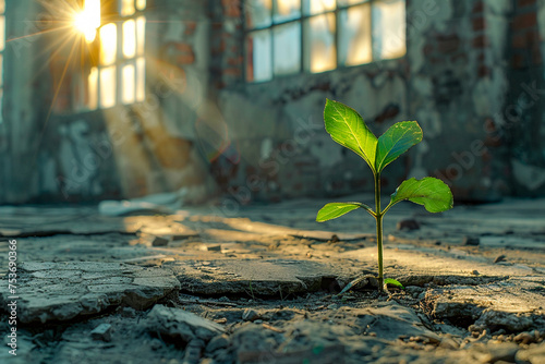 A seedling breaking through the floor of an old abandoned factory sunlight filtering through broken windows to nurture life in desolation