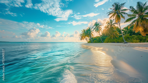 Paradise beach of a tropical island  palm trees  white sand  azure water