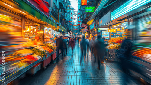 Vibrant long exposure shot of busy market street with blurred motion
