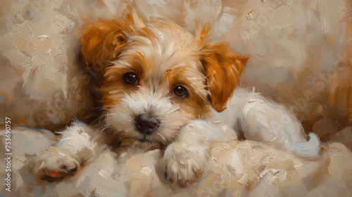 Charming oil painting of a playful puppy with a cozy indoor vibe