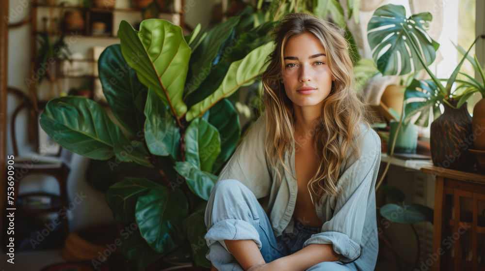 Obraz premium Serene woman surrounded by lush houseplants in a cozy home setting