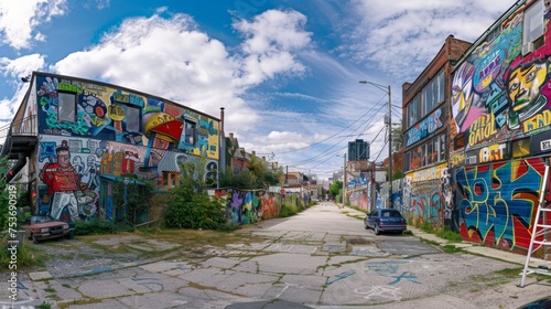 A panoramic view of a street art-filled neighborhood, with murals covering every building.