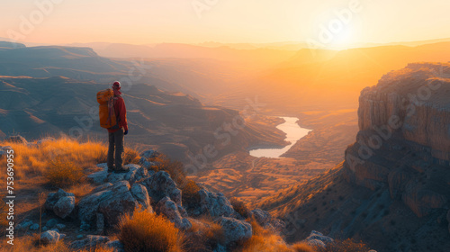 Solitary hiker overlooking a scenic sunset landscape with a winding river © Robert Kneschke