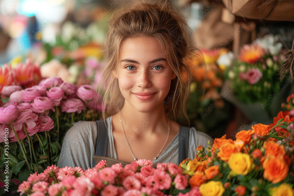 Beautiful young flower girl smiling happy in her shop surrounded by flowers in bloom