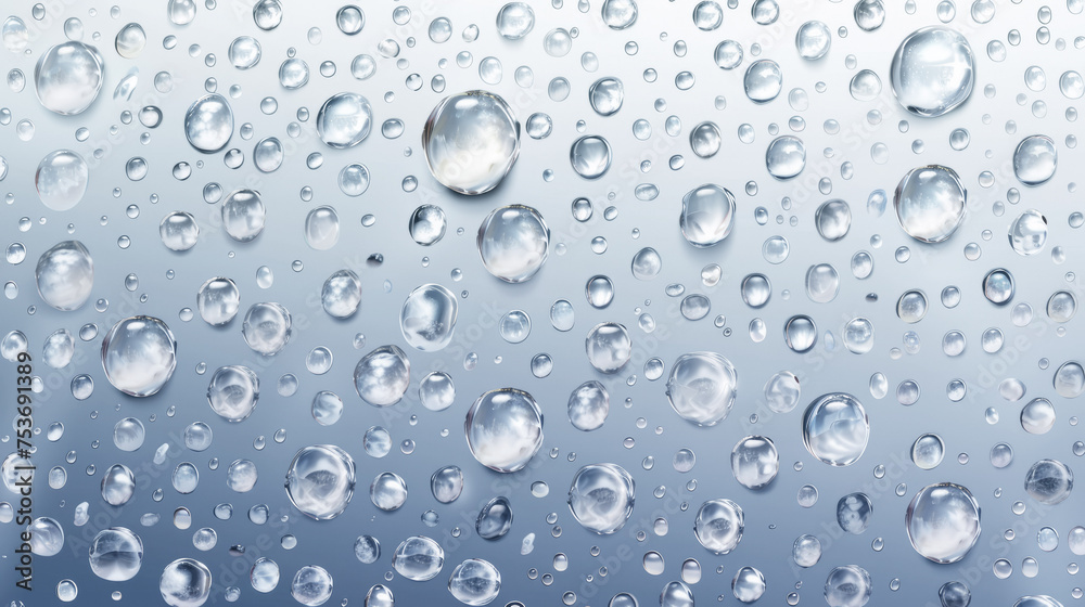 Transparent water drops on a clear background, delicate droplets detail Transparent water drops on a clear background, delicate droplets detail