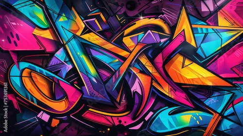 Abstract graffiti art with geometric shapes and fluorescent colors on a dark background.
