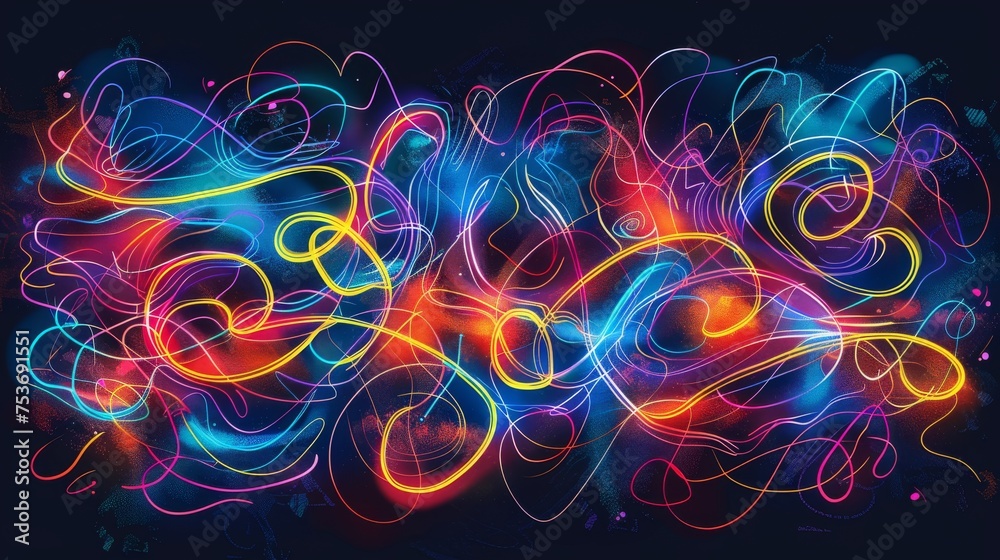 Abstract neon scribble art with vibrant colors on a dark retro background Abstract neon scribble art with vibrant colors on a dark retro background