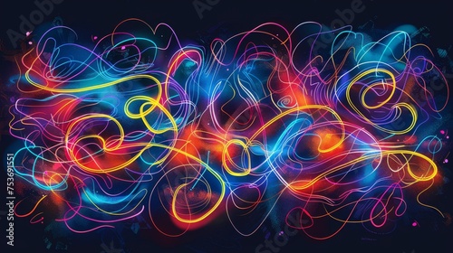 Abstract neon scribble art with vibrant colors on a dark retro background