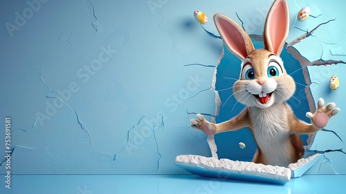 Cute Easter bunny with an Easter egg on a blue wall background, wall breakout, banner or background  6 photo
