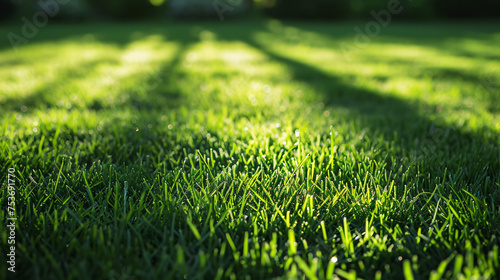 Close up morning light fresh green grass with water drops copy space background.