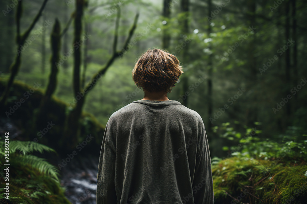 Generated with AI technology image of a young nice man traveler walking in green forest Generated with AI technology image of a young nice man traveler walking in green forest