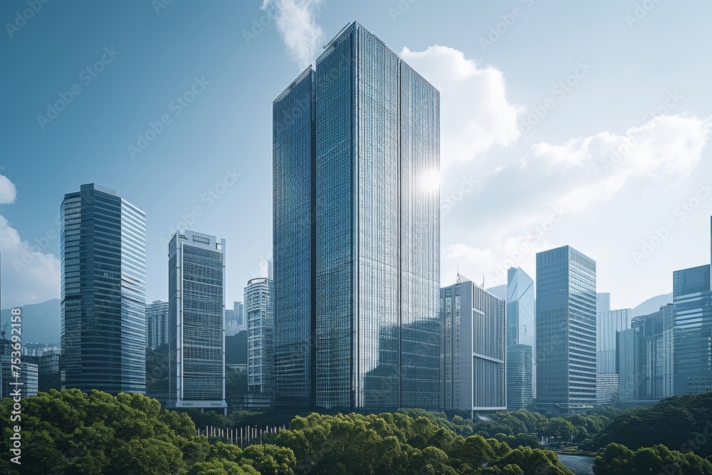 A modern office tower seamlessly integrated into the city skyline