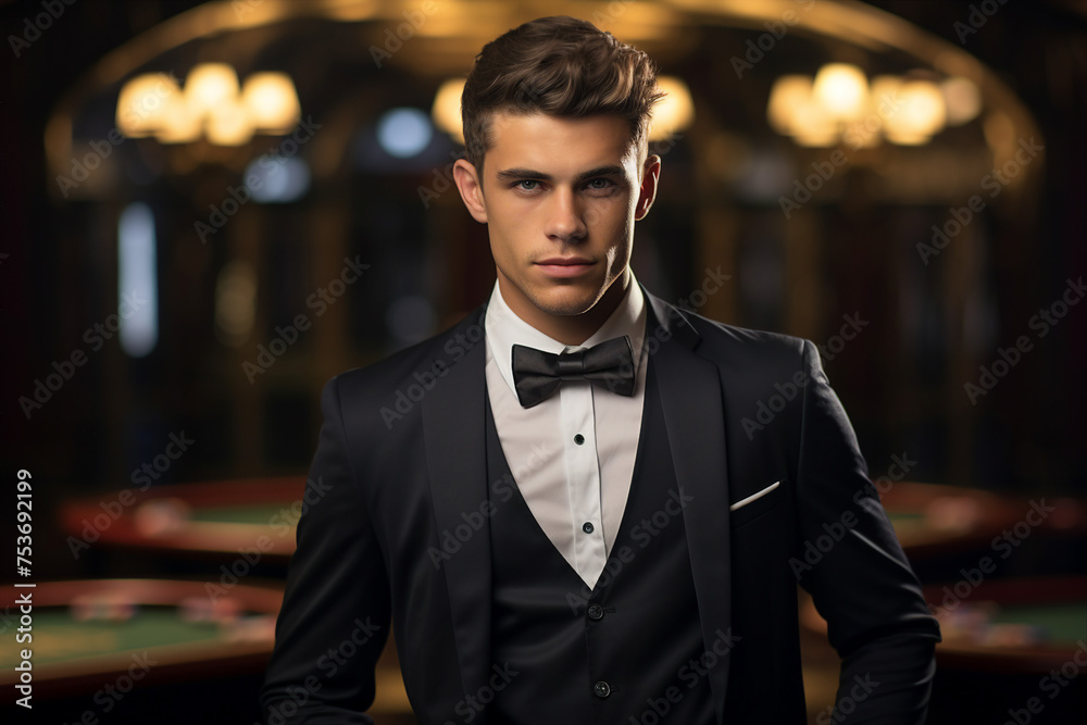 Fototapeta premium Luxurious restaurant casino las vegas vip night Generative AI poker slots cards roulette players gamers.