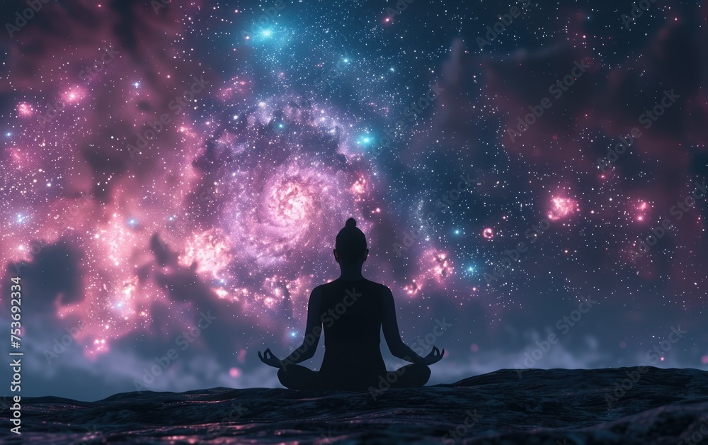 Meditation in Cosmic Infinity, A silhouette of a person in a meditative pose with the vast cosmos and swirling galaxies as the backdrop, symbolizing peace, mindfulness, and the universe's boundless