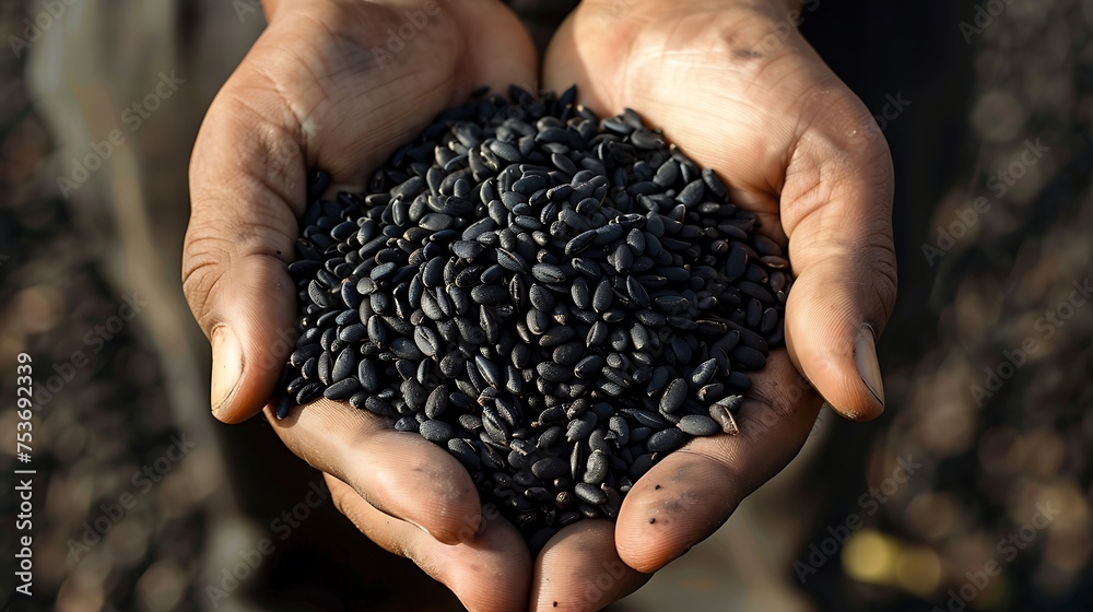 handful of black seed oil, packed with antioxidants and anti-inflammatory compounds - obrazy, fototapety, plakaty 