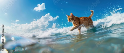 Aquatic Adventure, Brave Cat Conquers the Waves, An action-packed photo of a daring ginger cat bravely navigating through the crisp, sunlit waves, with a clear blue sky above.