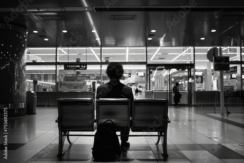 A man sits on a bench in a train station