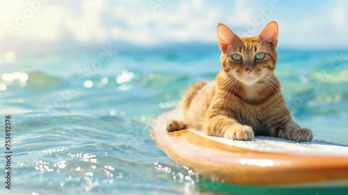 Cool Cat on a Surfboard, A confident ginger cat lounging on a surfboard, enjoying the gentle sway of the calm sea, with the sunlight enhancing the sparkling waters around.