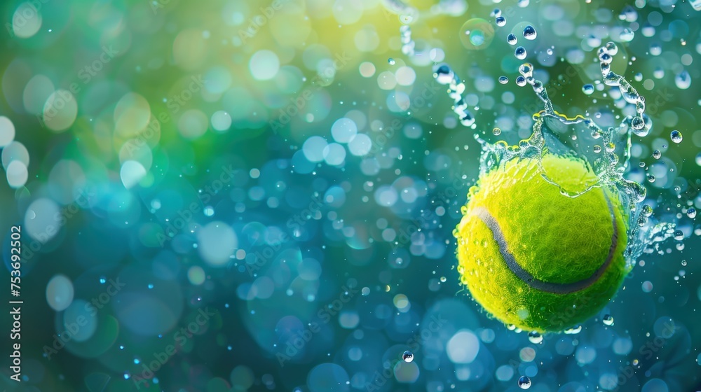 Tennis Ball Splash, A tennis ball captured at the moment of making a splash, with water droplets suspended around it, set against a bokeh light backdrop.